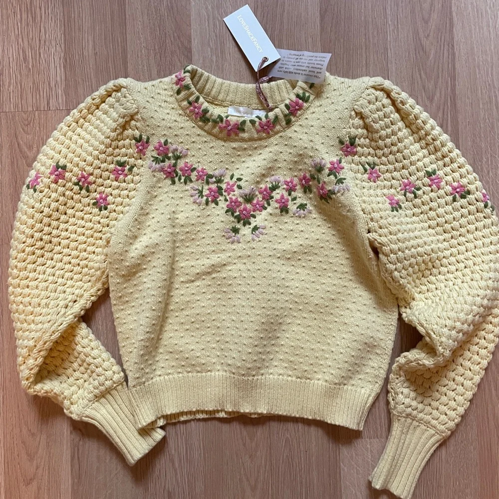 LoveShackFancy Yellow Floral Puff-Sleeve Sweater